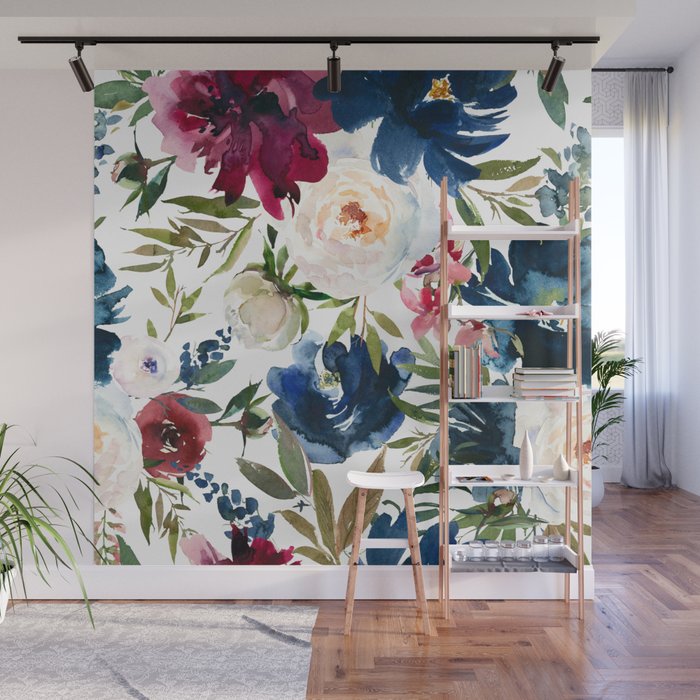 Burgundy Navy Floral Watercolor Pattern A OS Wall Mural