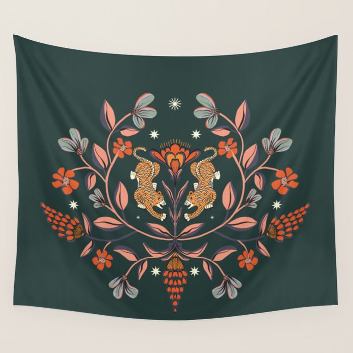 Dancing tigers in flowers field  Wall Tapestry Gallery Image 1