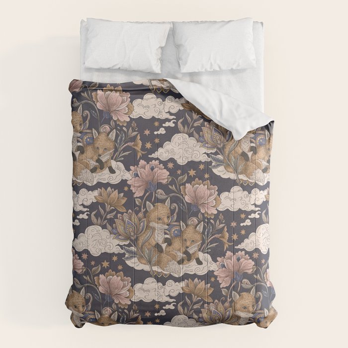 Fox Cubs in Moonlit Garden Comforter Gallery Image 1