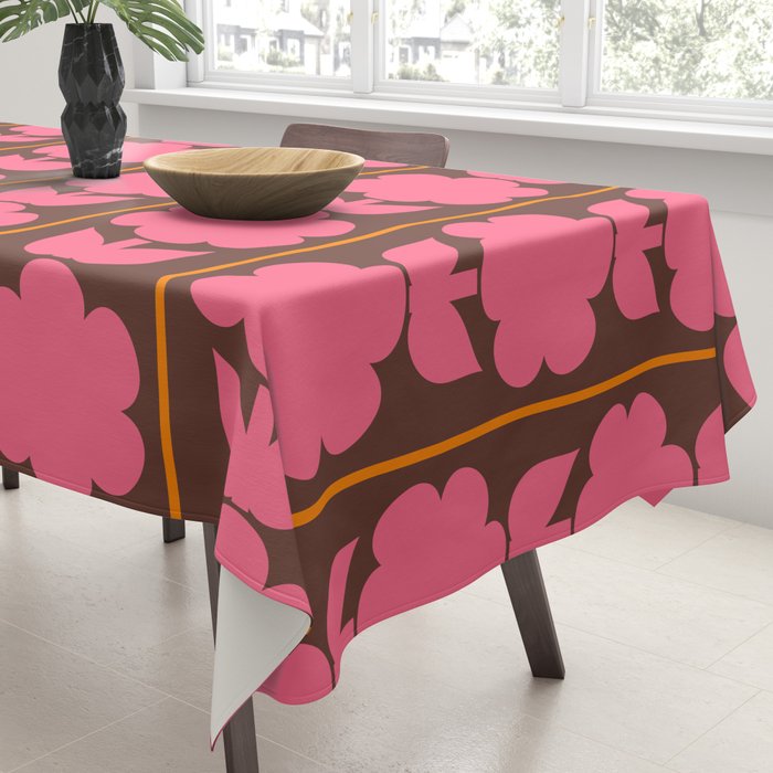 Eclectic Retro Contemporary Floral Jonnty Flowers and Stripes Pattern Pink Brown Orange Tablecloth Gallery Image 3