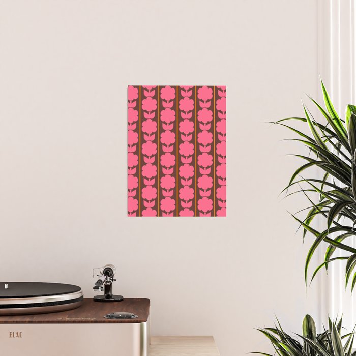 Eclectic Retro Contemporary Floral Jonnty Flowers and Stripes Pattern Pink Brown Orange Poster Gallery Image 2