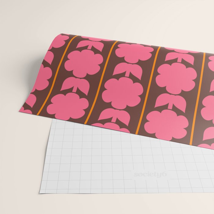 Eclectic Retro Contemporary Floral Jonnty Flowers and Stripes Pattern Pink Brown Orange Wrapping Paper Gallery Image 2