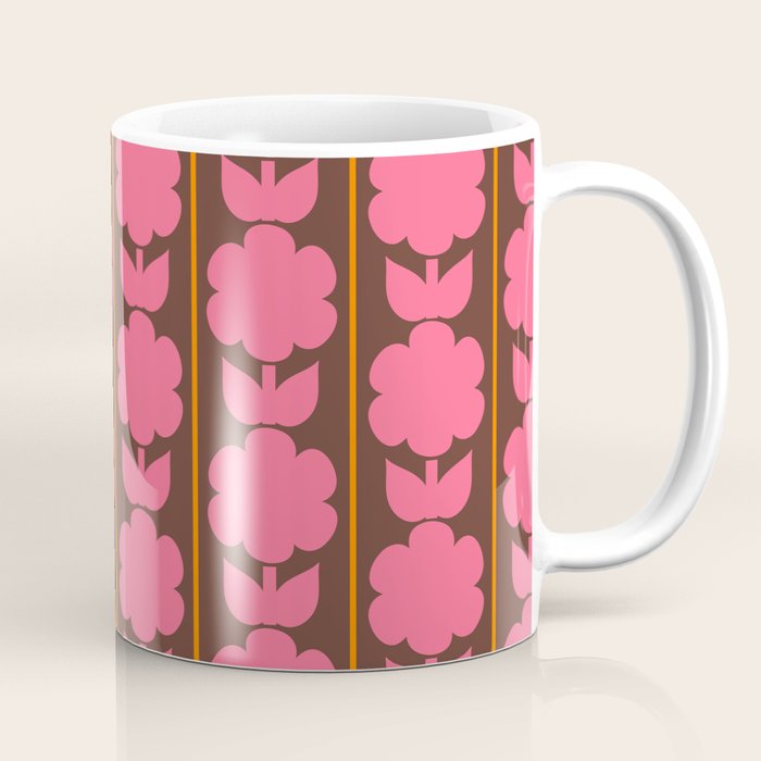 Eclectic Retro Contemporary Floral Jonnty Flowers and Stripes Pattern Pink Brown Orange Coffee Mug Gallery Image 1