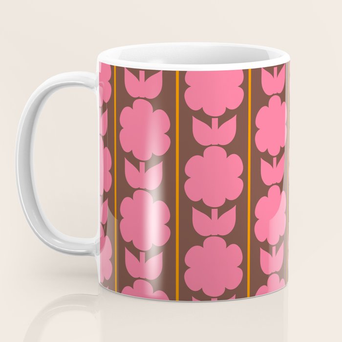 Eclectic Retro Contemporary Floral Jonnty Flowers and Stripes Pattern Pink Brown Orange Coffee Mug Gallery Image 3