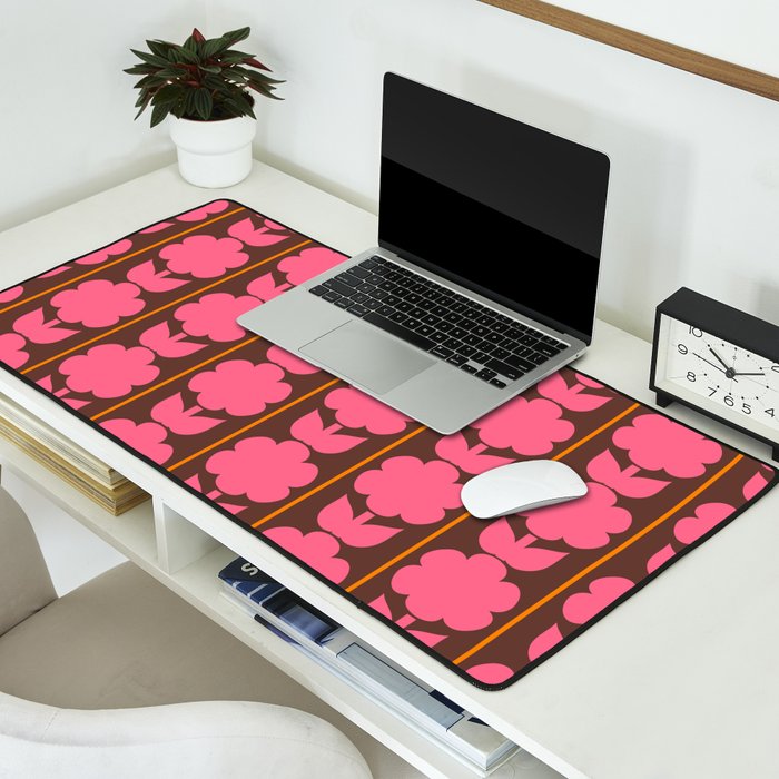 Eclectic Retro Contemporary Floral Jonnty Flowers and Stripes Pattern Pink Brown Orange Desk Mat Gallery Image 2