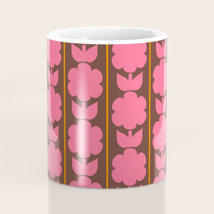 Eclectic Retro Contemporary Floral Jonnty Flowers and Stripes Pattern Pink Brown Orange Coffee Mug Gallery Image 4