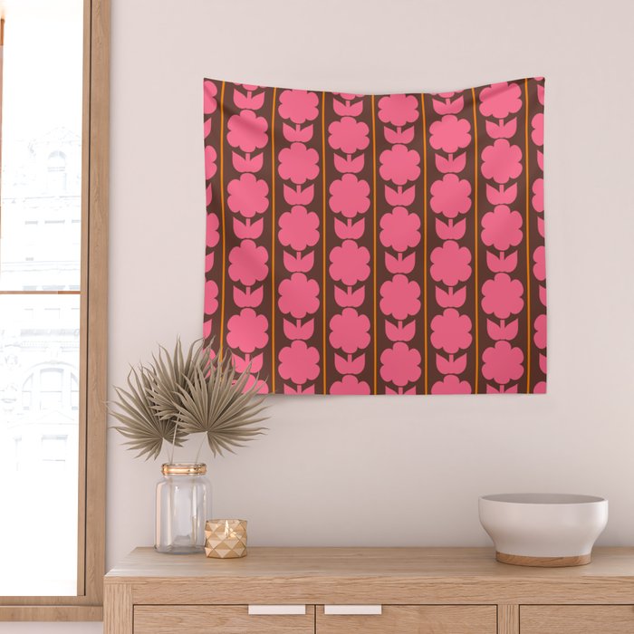 Eclectic Retro Contemporary Floral Jonnty Flowers and Stripes Pattern Pink Brown Orange Wall Tapestry Gallery Image 2