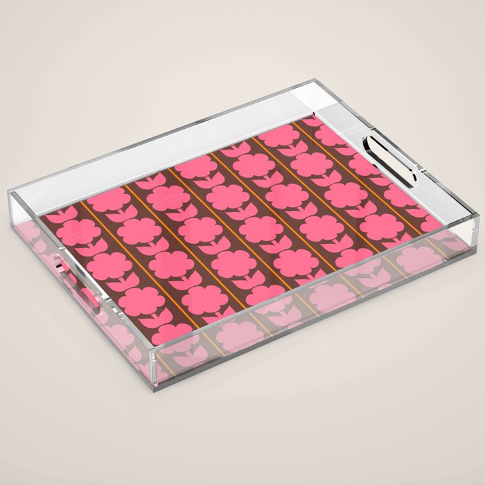 Eclectic Retro Contemporary Floral Jonnty Flowers and Stripes Pattern Pink Brown Orange Acrylic Tray Gallery Image 1