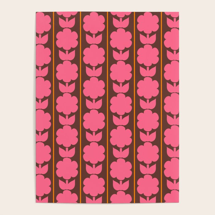 Eclectic Retro Contemporary Floral Jonnty Flowers and Stripes Pattern Pink Brown Orange Poster Gallery Image 4