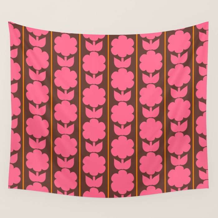 Eclectic Retro Contemporary Floral Jonnty Flowers and Stripes Pattern Pink Brown Orange Wall Tapestry Gallery Image 4