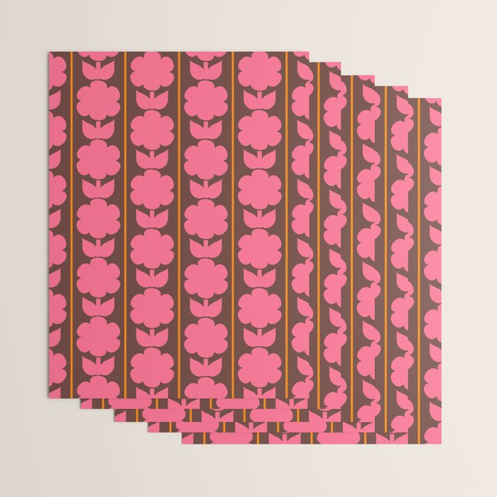Eclectic Retro Contemporary Floral Jonnty Flowers and Stripes Pattern Pink Brown Orange Wrapping Paper Gallery Image 3