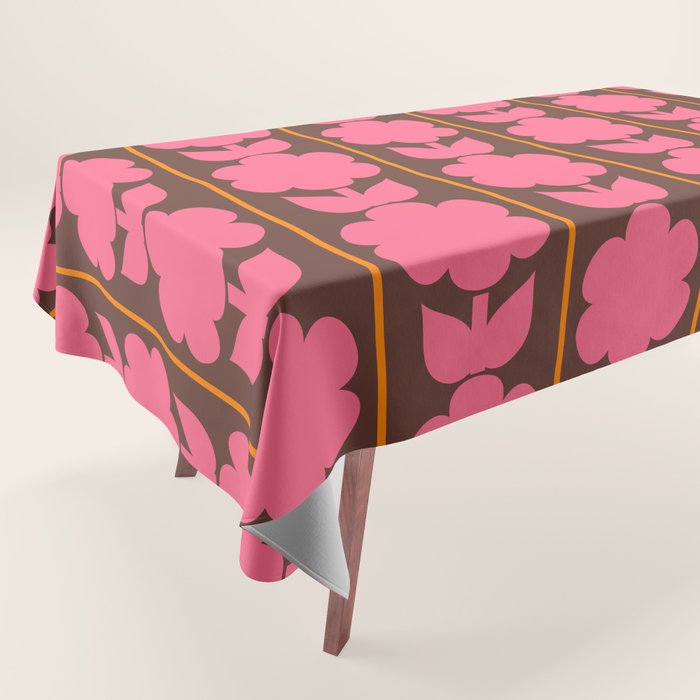 Eclectic Retro Contemporary Floral Jonnty Flowers and Stripes Pattern Pink Brown Orange Tablecloth Gallery Image 1