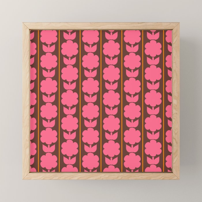 Eclectic Retro Contemporary Floral Jonnty Flowers and Stripes Pattern Pink Brown Orange Mini Art Print Gallery Image 1