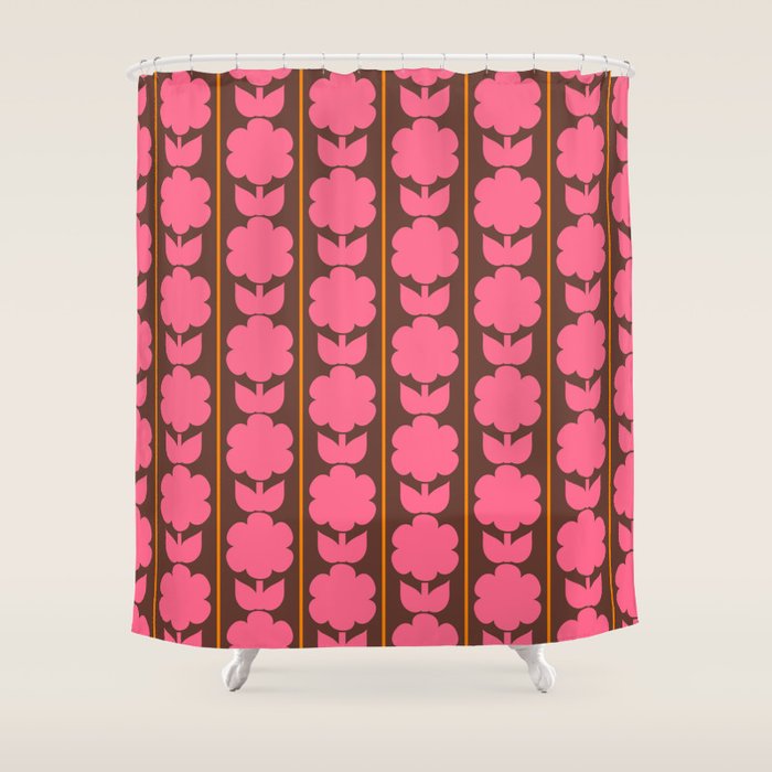 Eclectic Retro Contemporary Floral Jonnty Flowers and Stripes Pattern Pink Brown Orange Shower Curtain Gallery Image 1
