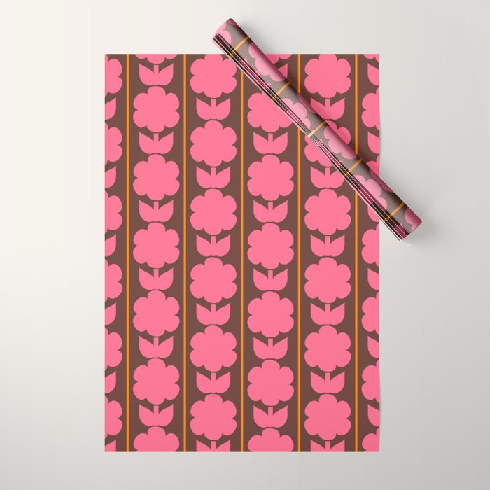 Eclectic Retro Contemporary Floral Jonnty Flowers and Stripes Pattern Pink Brown Orange Wrapping Paper Gallery Image 1