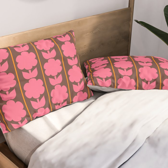 Eclectic Retro Contemporary Floral Jonnty Flowers and Stripes Pattern Pink Brown Orange Pillow Sham Gallery Image 2