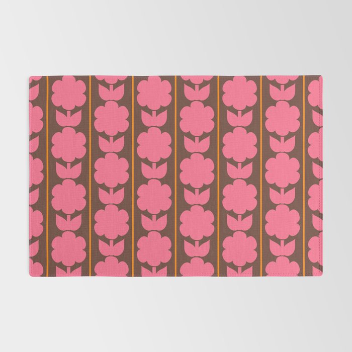 Eclectic Retro Contemporary Floral Jonnty Flowers and Stripes Pattern Pink Brown Orange Rug Gallery Image 2