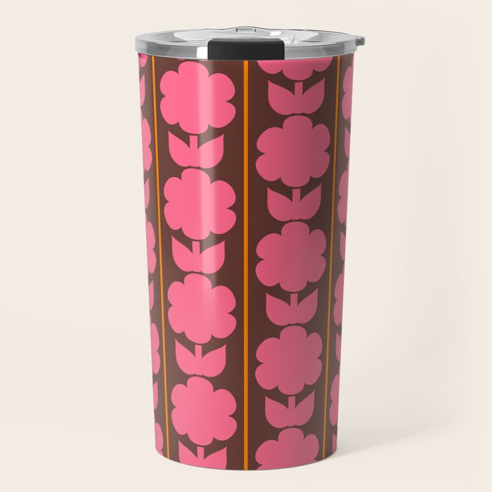 Eclectic Retro Contemporary Floral Jonnty Flowers and Stripes Pattern Pink Brown Orange Travel Mug Gallery Image 1