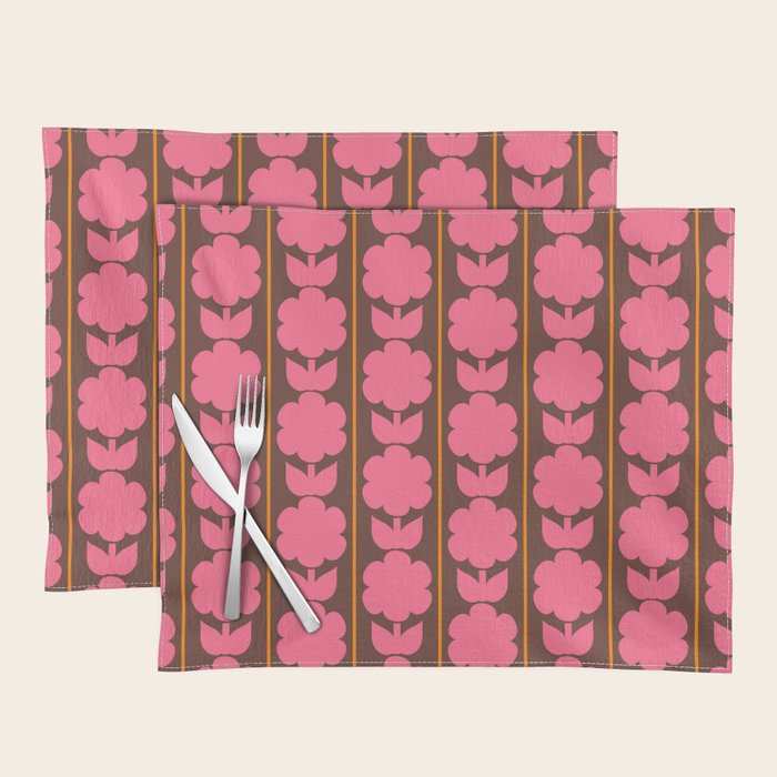 Eclectic Retro Contemporary Floral Jonnty Flowers and Stripes Pattern Pink Brown Orange Placemat Gallery Image 1