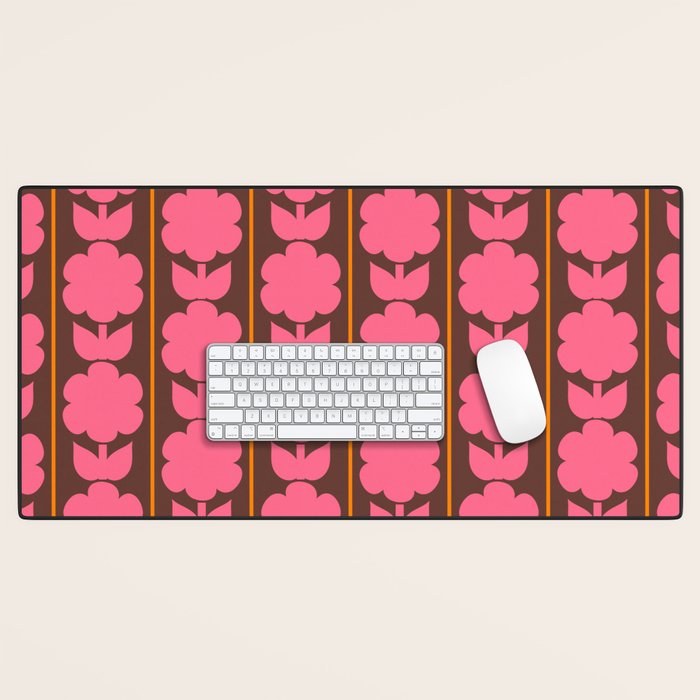 Eclectic Retro Contemporary Floral Jonnty Flowers and Stripes Pattern Pink Brown Orange Desk Mat Gallery Image 1