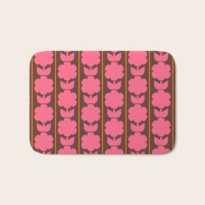 Eclectic Retro Contemporary Floral Jonnty Flowers and Stripes Pattern Pink Brown Orange Bath Mat Gallery Image 1