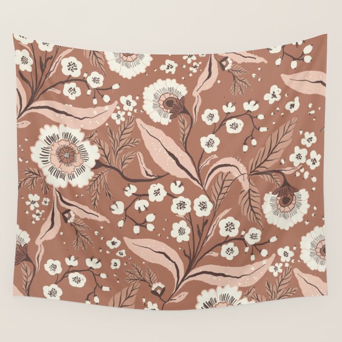 Warm Mocha Mousse Vintage Floral Wall Tapestry Gallery Image 4