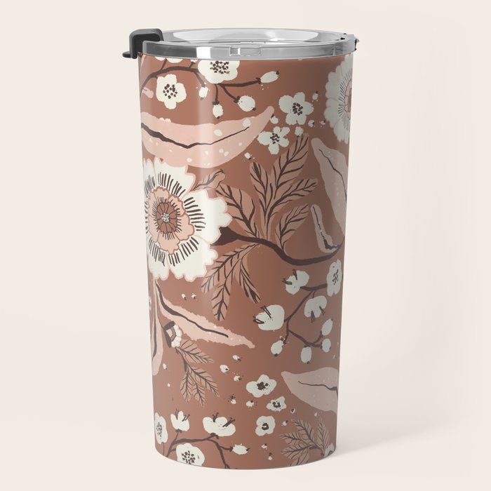 Warm Mocha Mousse Vintage Floral Travel Mug Gallery Image 3