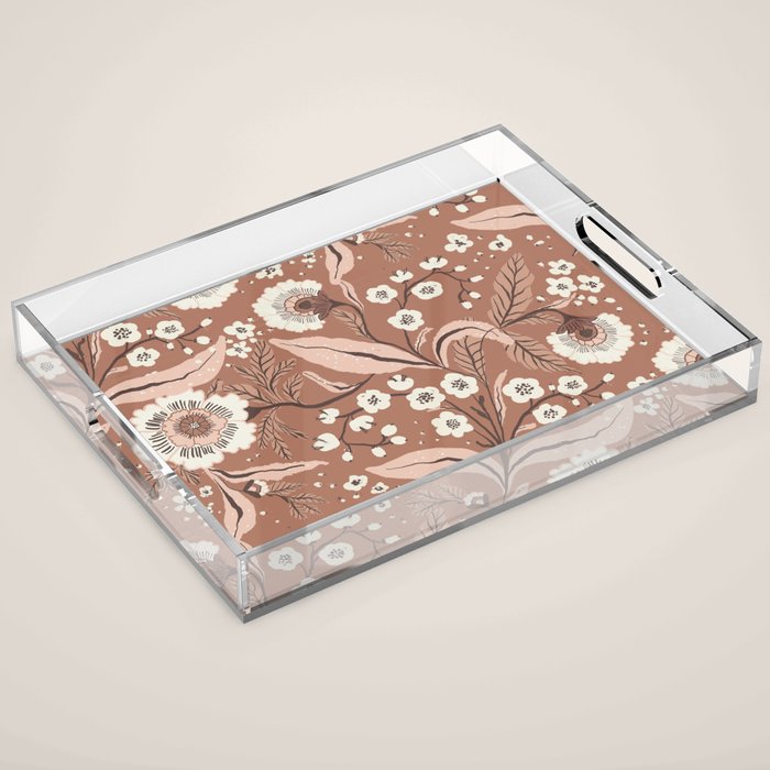 Warm Mocha Mousse Vintage Floral Acrylic Tray Gallery Image 1