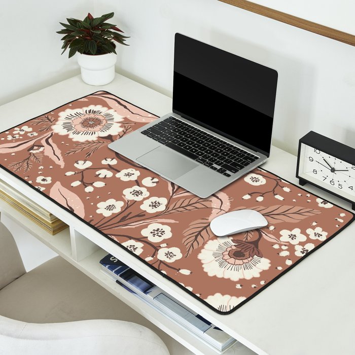 Warm Mocha Mousse Vintage Floral Desk Mat Gallery Image 2