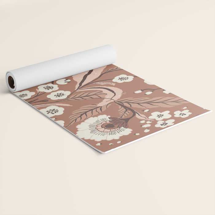 Warm Mocha Mousse Vintage Floral Yoga Mat Gallery Image 2