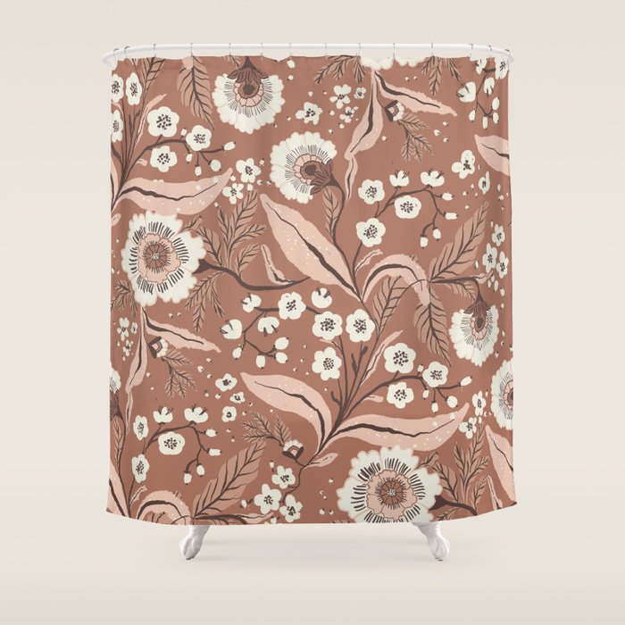 Warm Mocha Mousse Vintage Floral Shower Curtain Gallery Image 1