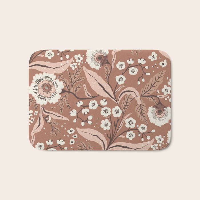 Warm Mocha Mousse Vintage Floral Bath Mat Gallery Image 1