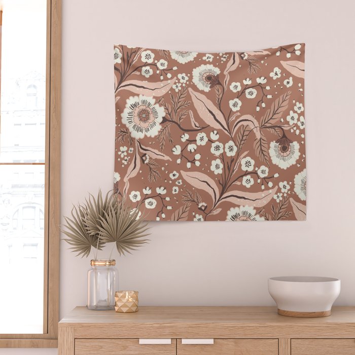 Warm Mocha Mousse Vintage Floral Wall Tapestry Gallery Image 2