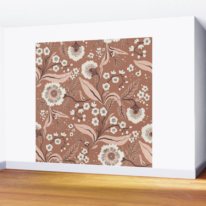Warm Mocha Mousse Vintage Floral Wall Mural Gallery Image 2