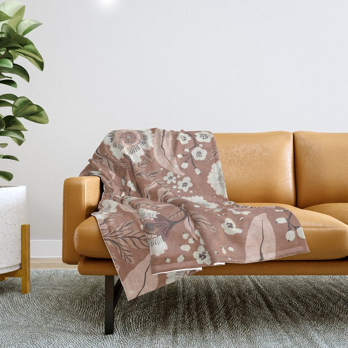 Warm Mocha Mousse Vintage Floral Throw Blanket Gallery Image 1