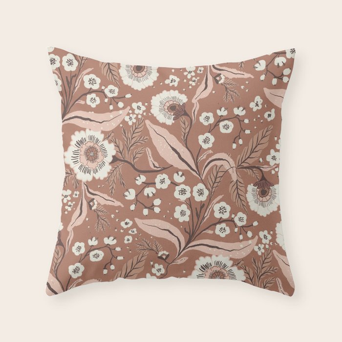 Warm Mocha Mousse Vintage Floral Throw Pillow Gallery Image 6