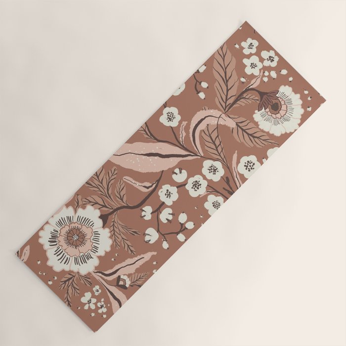 Warm Mocha Mousse Vintage Floral Yoga Mat Gallery Image 1