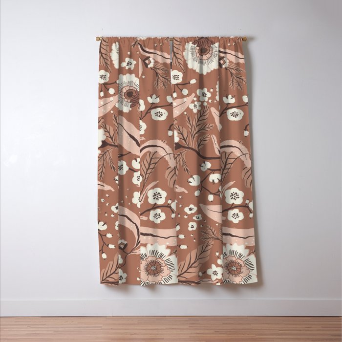 Warm Mocha Mousse Vintage Floral Window Curtain Gallery Image 3