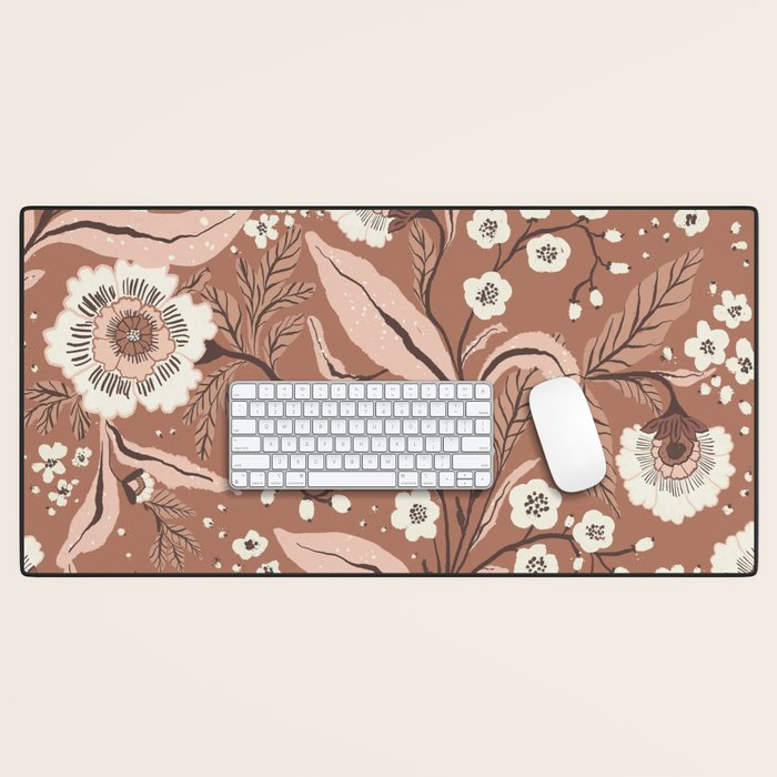 Warm Mocha Mousse Vintage Floral Desk Mat Gallery Image 1