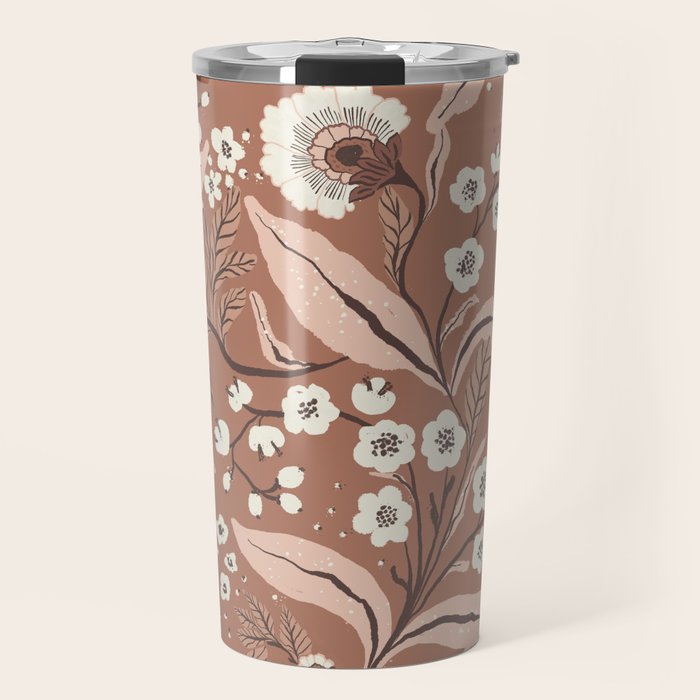 Warm Mocha Mousse Vintage Floral Travel Mug Gallery Image 1