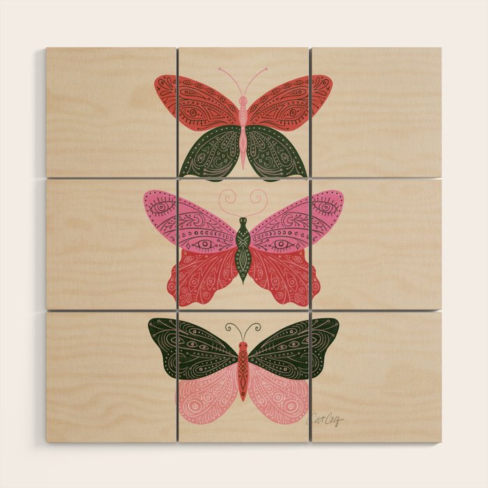 Tattooed Butterflies - Pink & Green Wood Wall Art Gallery Image 1