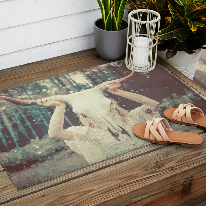 Bull Skull Tribal Woman Outdoor Rug Gallery Image 2