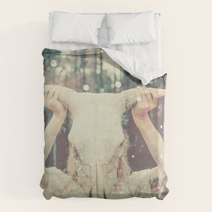 Bull Skull Tribal Woman Duvet Cover Gallery Image 1
