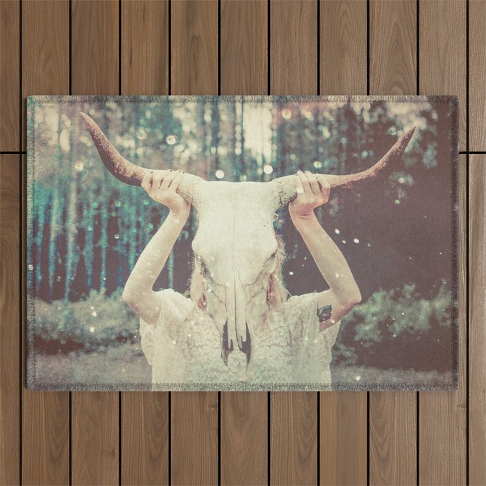 Bull Skull Tribal Woman Outdoor Rug Gallery Image 1
