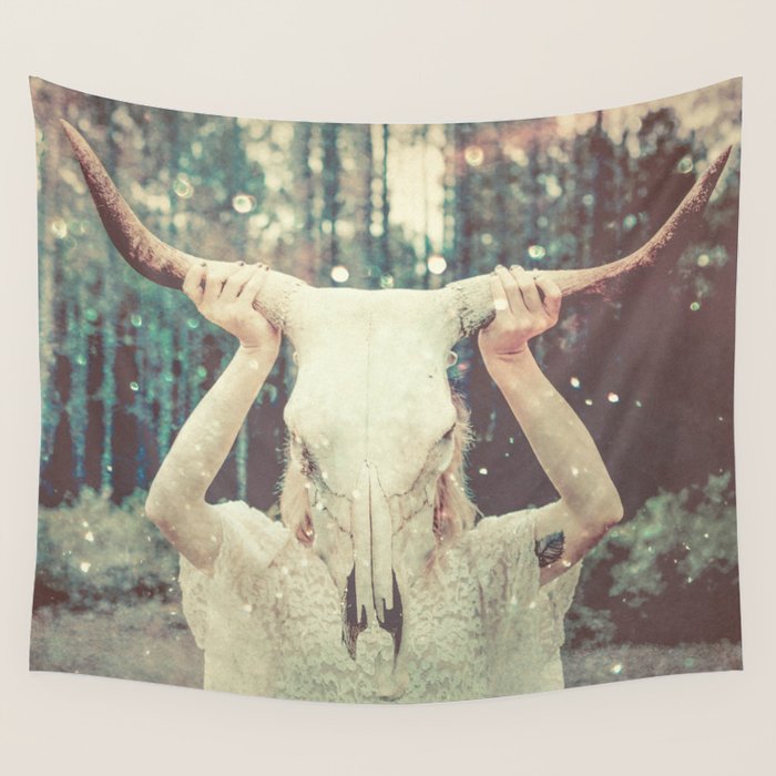 Bull Skull Tribal Woman Wall Tapestry Gallery Image 1