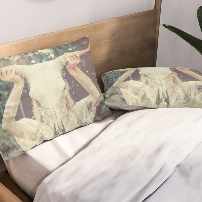 Bull Skull Tribal Woman Pillow Sham Gallery Image 2