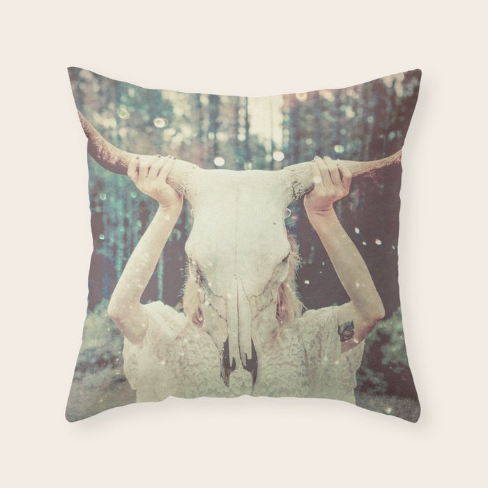 Bull Skull Tribal Woman Throw Pillow Gallery Image 6
