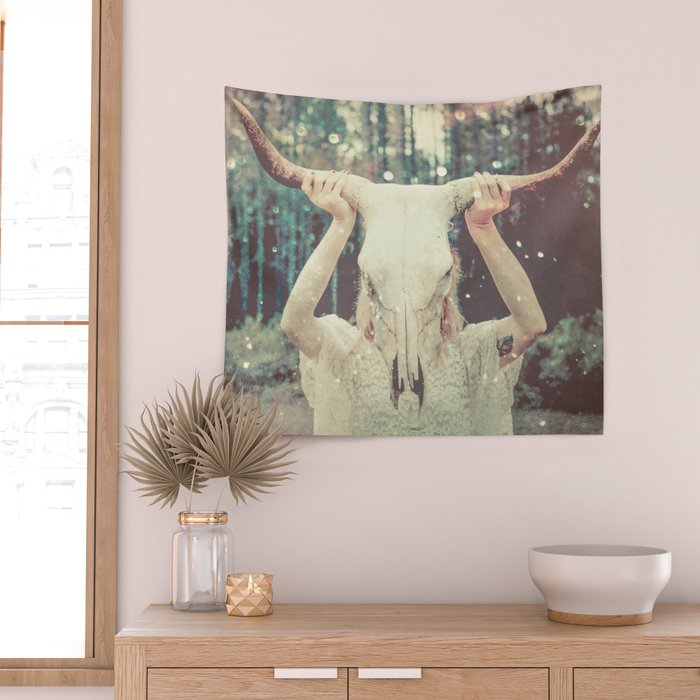 Bull Skull Tribal Woman Wall Tapestry Gallery Image 2