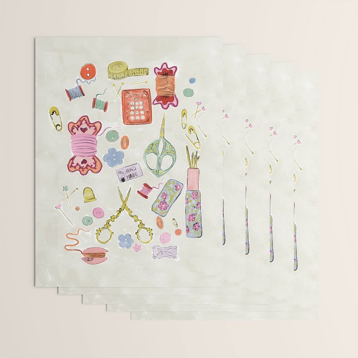 Vintage Sewing Kit Illustration Wrapping Paper Gallery Image 3