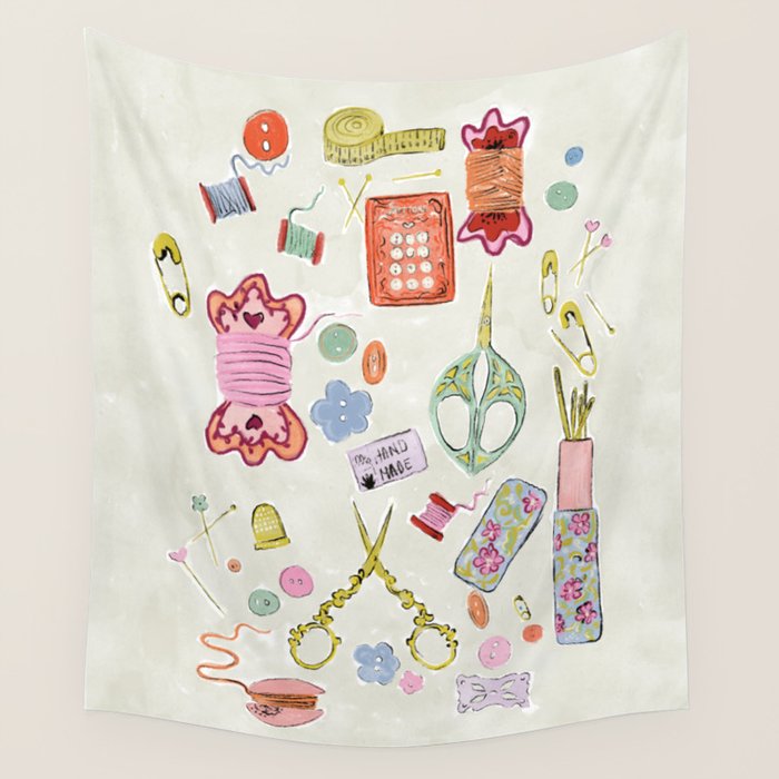 Vintage Sewing Kit Illustration Wall Tapestry Gallery Image 1